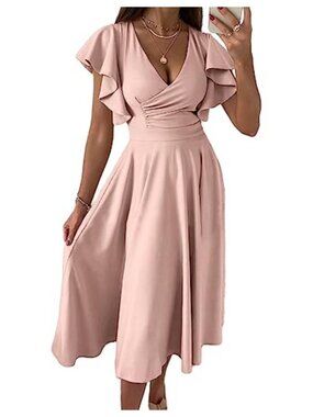 Wrap V Neck Midi Summer Dress Fit and Flare Ruffle Cap Sleeve